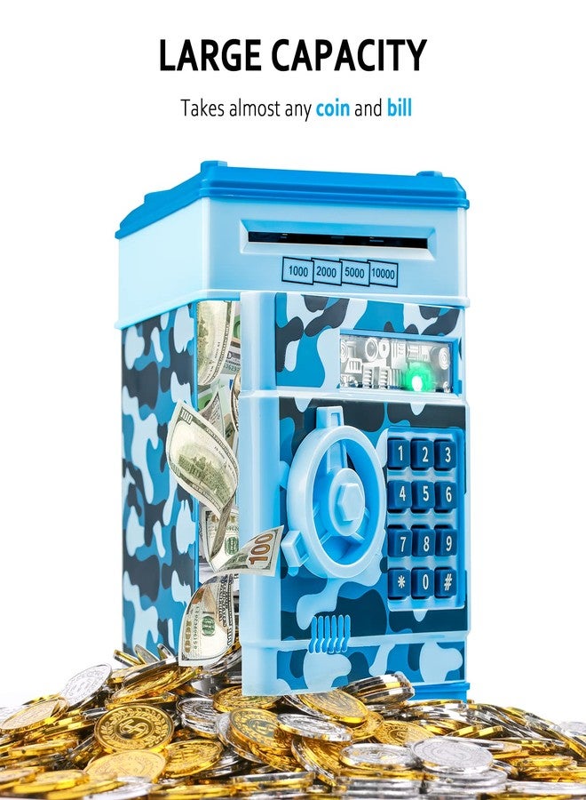 Vcertcpl ATM Piggy Bank for Boys Girls, Vcertcpl Mini ATM Coin Bank Money Saving Box with Password, Kids Safe Money Jar for Adults with Auto Grab Bill Slot, Great Gift Toy Bank for Kids (Camouflage Light Blue) - Image 4